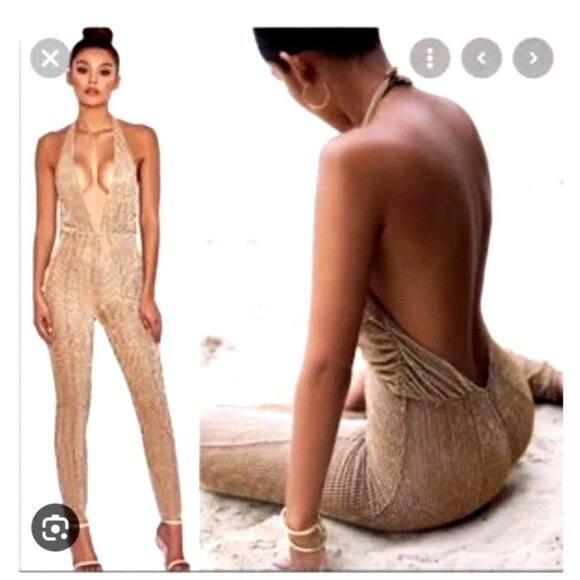 Gold Halter Plunge Metallic Jumpsuit By House Of CB London XS - Picture 4 of 16